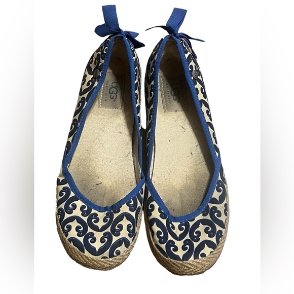 Ugg Indah canvas espadrille flat in blue and cream - Picture 2 of 9